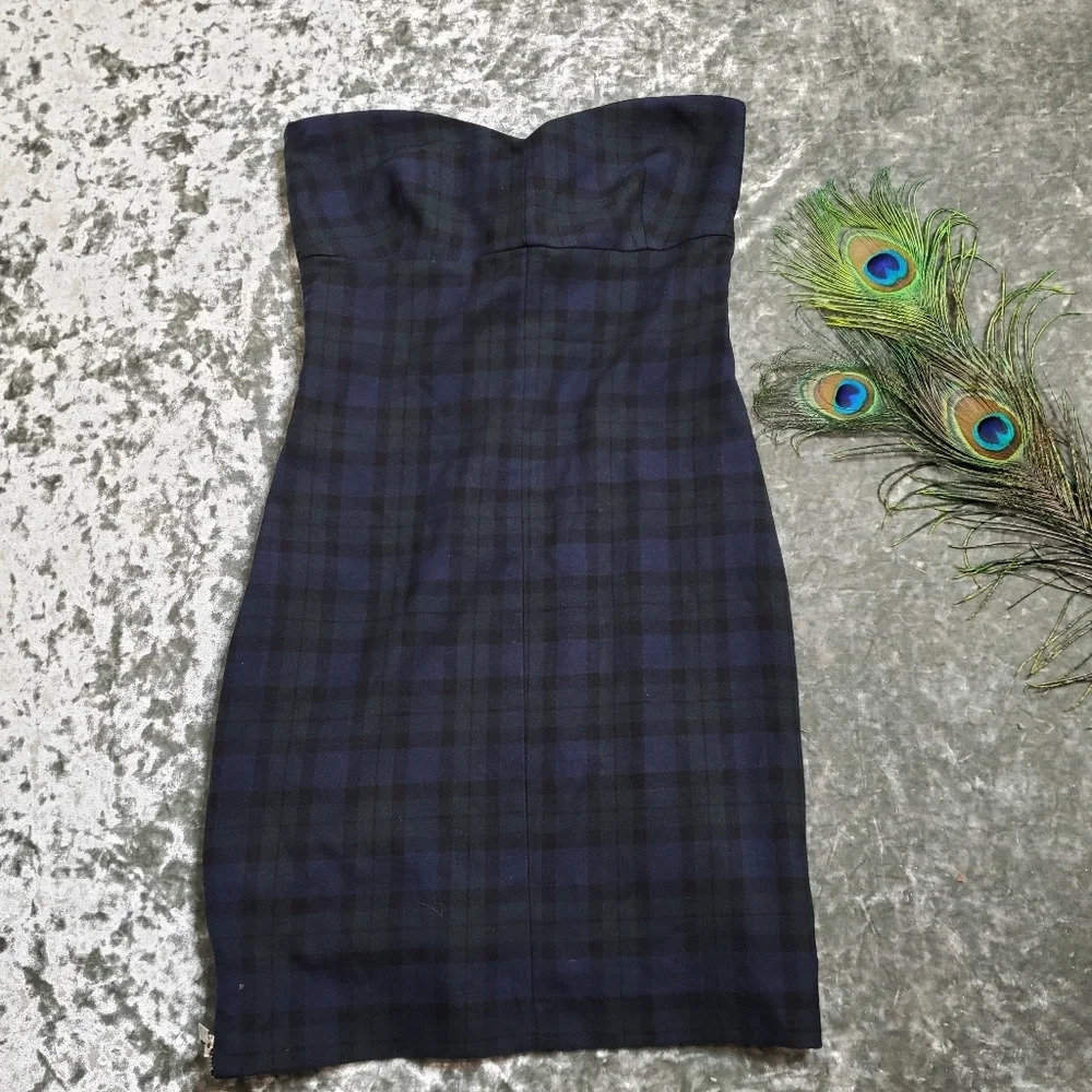 Zara Plaid Green/Blue Side Zippers Strapless Dress
